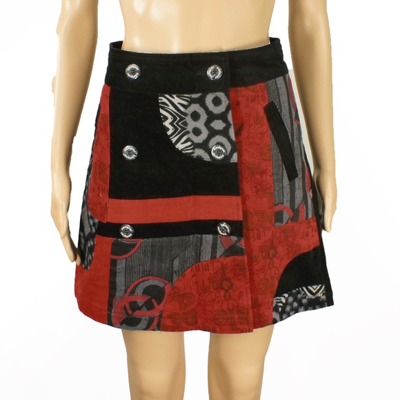 Vintage Desigual Geometric Patchwork Velvet Corduroy Wrap Skirt - Picture 4 of 7
